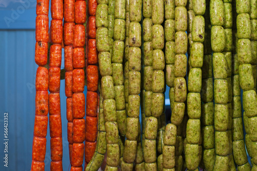 Colorful sausages at a market in Toluca, Mexico photo