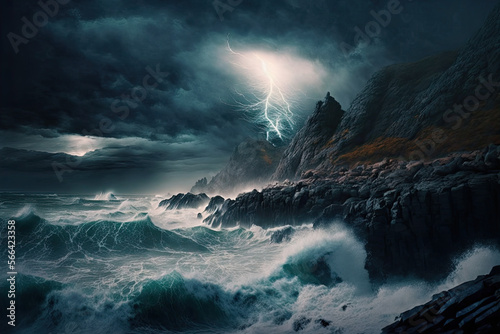 Thunderstorm over a rugged coastline with crashing waves, sea, ocean, wave, water, waves, storm, nature, sky, landscape, coast, rock, surf, beach, splash, clouds, power, mountain, waterfall, spray © Saulo Collado