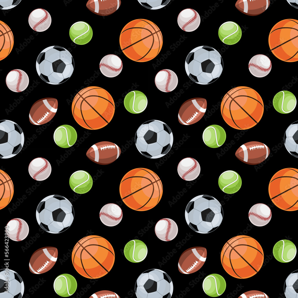 Seamless vector pattern with different types of sport balls in flat technique 