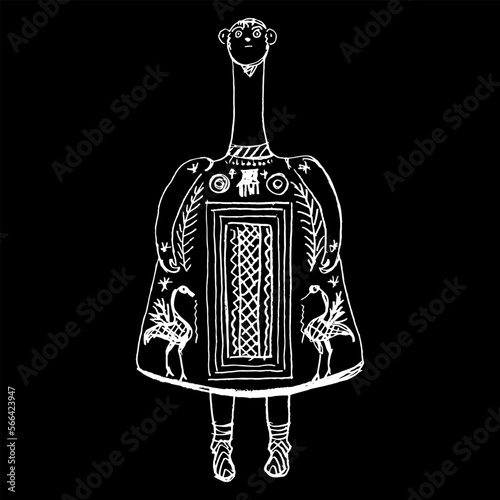 Bell idol from Thebes, Boeotia. Ancient Greek figurine of a goddess from Louvre. Hand drawn linear doodle rough sketch. White silhouette on black background.