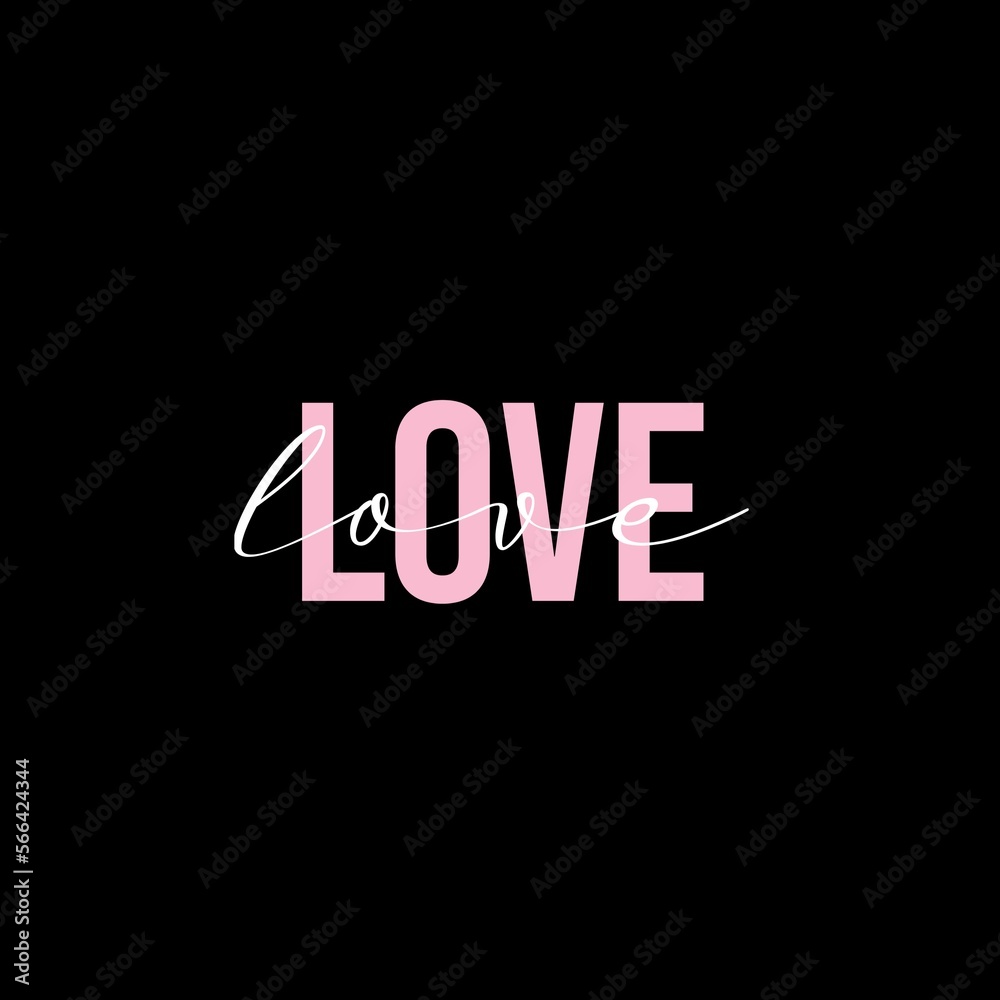Love word hand drawn lettering. Modern calligraphic love text.. Design for print on shirts, posters, banners, cober diary. Pink text on a black background. Beautiful print for t-shirts, hoodie, mug. 