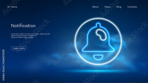 Bell notification social media element concept blogging, web button subscribe layout user Interface sign, futuristic technology with blue neon glow in the smoke, vector business background