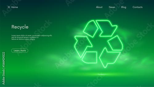Glowing recycling icon, sorting and reuse eco lending concept, world recycling day sign, rotate circle symbol, futuristic technology with green neon glow in the smoke, vector business background