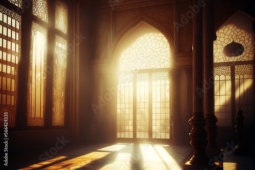 the peaceful beauty of a mosque illuminated by sun ray through the window photo