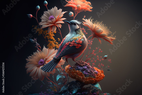 Fantasy Bird on flowers, hummingbird, Luxury wallpaper, poster, AI illustration. © liliya