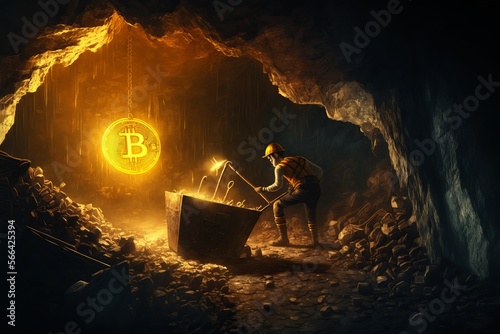 Golden bitcoin mining in deep golden cave with pickaxe. Generative AI
