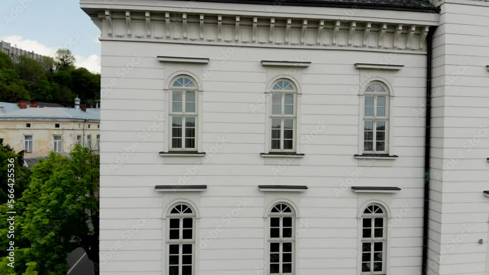 Aerial Close Up Architecture Details Of An Old Building And Facade. Eastern Europe. Old city centre Aerial Close Up Architecture Details Of An Old Building And Facade. Eastern Europe. Old city centre