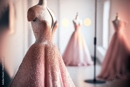 Elegant pink wedding dress , prom dress on hanger. Generative AI