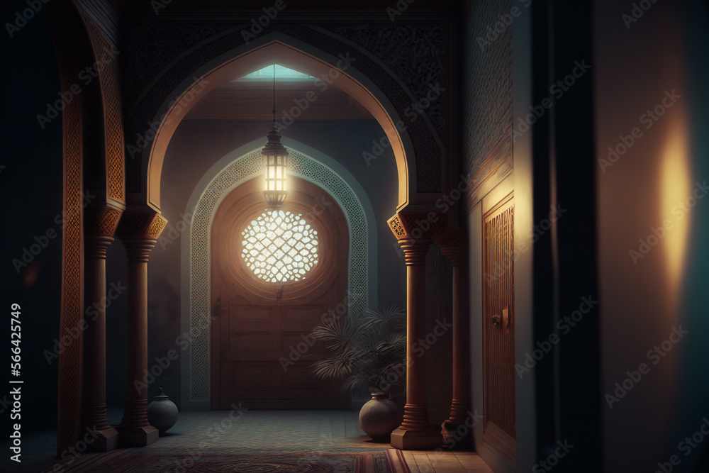 mosque inside Islamic pattern Interior door and window with Arabic lantern