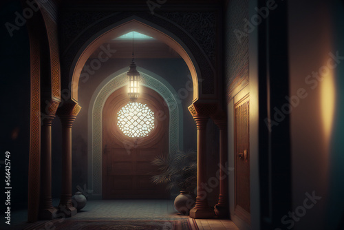 mosque inside Islamic pattern Interior door and window with Arabic lantern