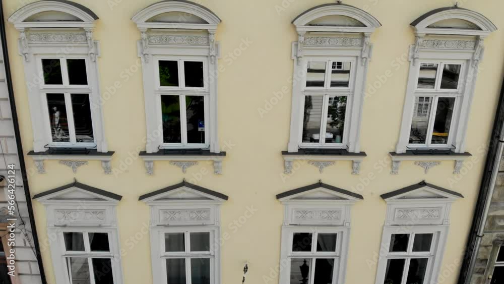 Aerial Close Up Architecture Details Of An Old Building And Facade. Eastern Europe. Old city centre Aerial Close Up Architecture Details Of An Old Building And Facade. Eastern Europe. Old city centre