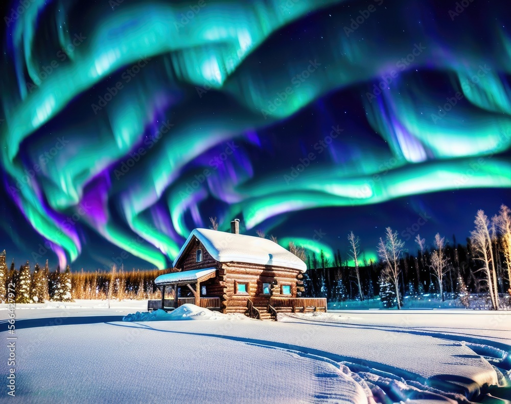 snow with snowy houses in winter forest with northern lights