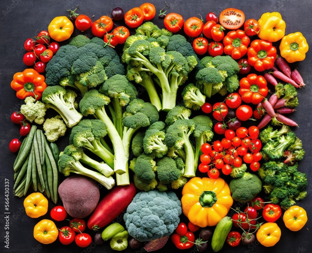 raw vegetables and fruits and fresh ingredients, top view. food background.