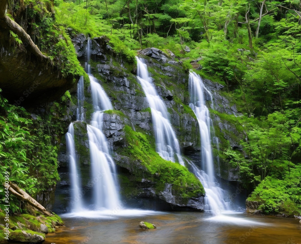 waterfall and forest. nature, travel, hiking concept