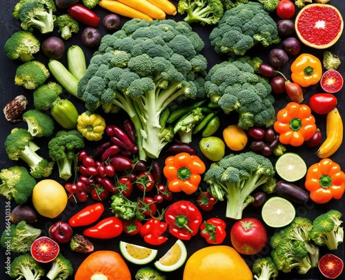 raw vegetables and fruits and fresh ingredients  top view. food background.