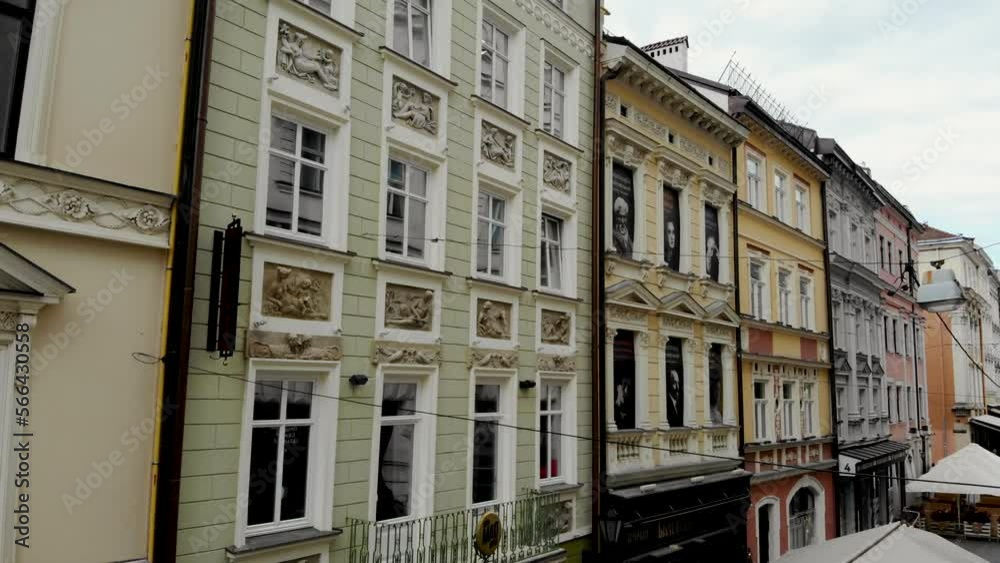 Aerial Close Up Architecture Details Of An Old Building And Facade. Eastern Europe. Old city centre Aerial Close Up Architecture Details Of An Old Building And Facade. Eastern Europe. Old city centre