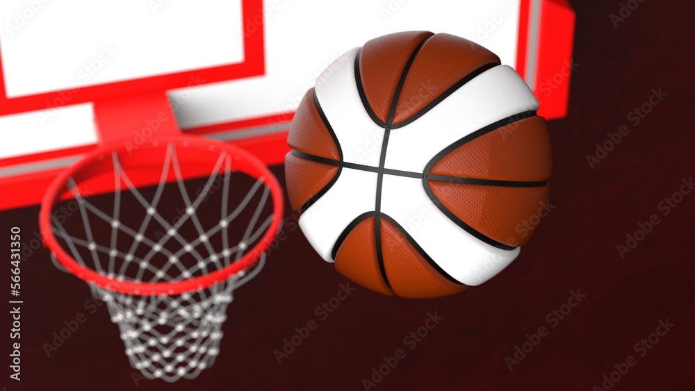 Brown-white basketball and basketball plate on dark red wall under spot lighting background. 3D illustration. 3D high quality rendering.