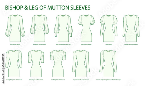 Set of Bishop and Leg of mutton sleeves clothes with cuff  Juliet  extended cups technical fashion illustration with fitted body. Flat apparel template front side. Women  men unisex CAD mockup