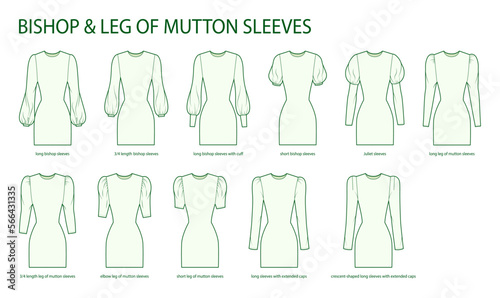 Set of Bishop and Leg of mutton sleeves clothes with cuff, Juliet, extended cups technical fashion illustration with fitted body. Flat apparel template front side. Women, men unisex CAD mockup