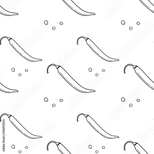Seamless pattern of chili peppers and peppercorns. Spicy spices of Latin American cuisine. Mexica