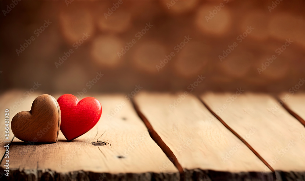Valentines day background with two wood hearts on a rustic wooden table background, generative AI Valentines day background with two wood hearts on a rustic wooden table background, generative AI