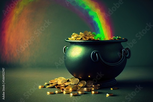 St Patricks Day Pot Of Gold With Rainbow Backdrop Background Standard Generative AI