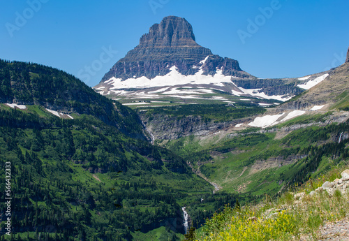 Waterfalls Along Going-To-The-Sun Road with Reynolds Mountain and Clements Mountain in the background (Glacier National Park) photo