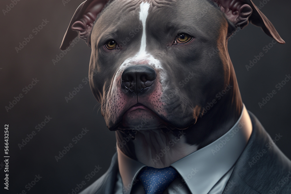 Pitbull, Animal wearing Business Suite, Wildlife, Portrait, Close up, Generative ai