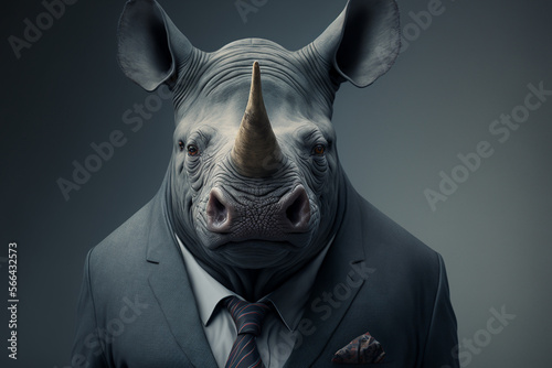 Rhino, Animal wearing Business Suite, Wildlife, Portrait, Close up, Generative ai
