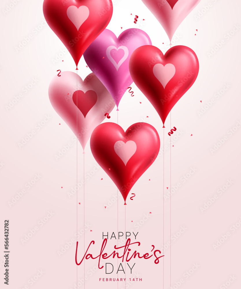 Happy valentine's day vector design. Valentine's day greeting text with floating heart inflatable balloon elements. Vector illustration holiday celebration background. 