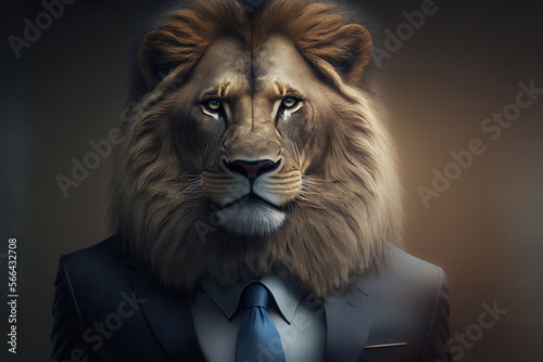 Lion  Animal wearing Business Suite  Wildlife  Portrait  Close up  Generative ai