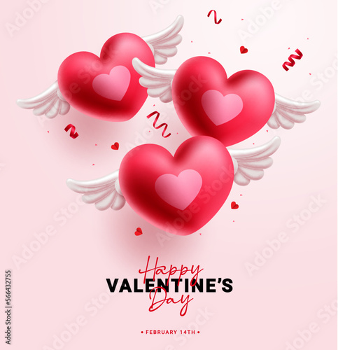Happy valentine's day vector design. Valentine's day greeting text with heart balloons flying elements. Vector illustration valentine invitation card background.  