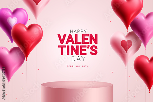 Happy valentine's day vector design. Valentine's day text in podium stage with heart shape balloons floating elements. Vector illustration valentines product display presentation background.