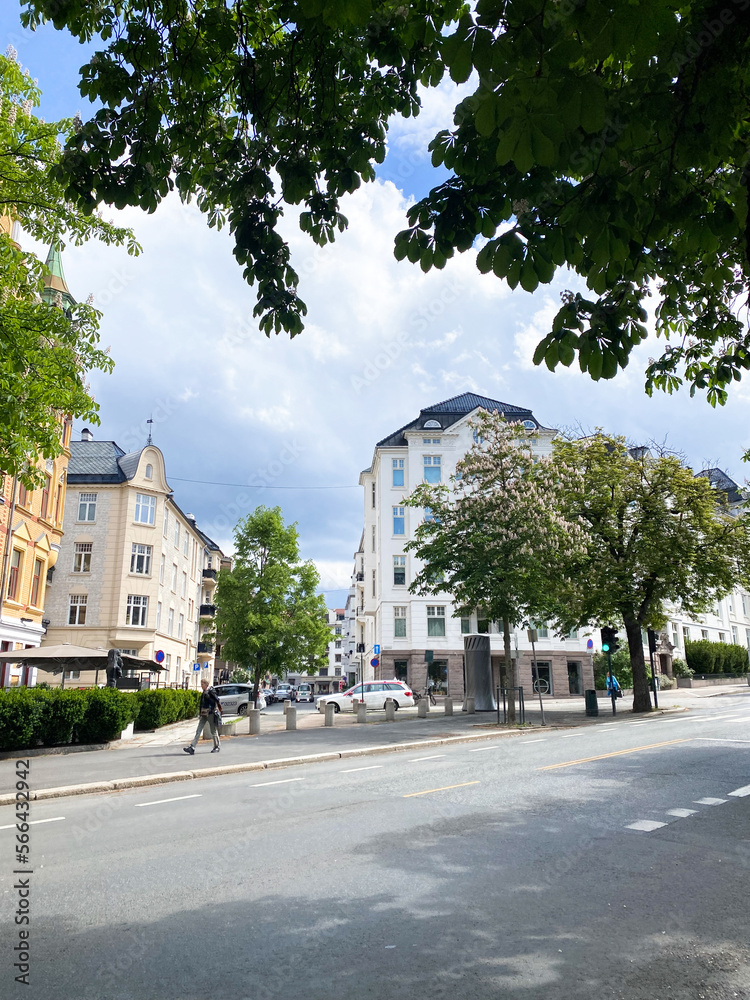 european street with buildings framed with trees and greenery