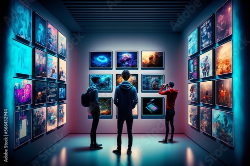 Galeria de arte digital, onde se podem ver três jovens com interesse no design digital photo