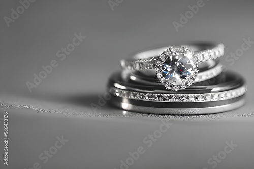 pair of silver diamond engagement ring jewelry his and hers wedding day ceremony still life close up with blurry background and white platform  photo