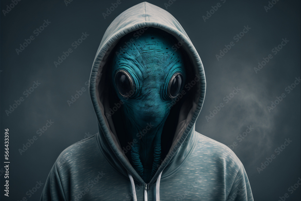 Alien wearing a hoodie - Generative AI Alien wearing a hoodie - Generative AI