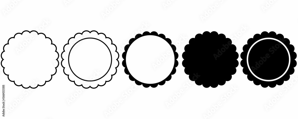 outline silhouette circle scalloped frame set isolated on white background
