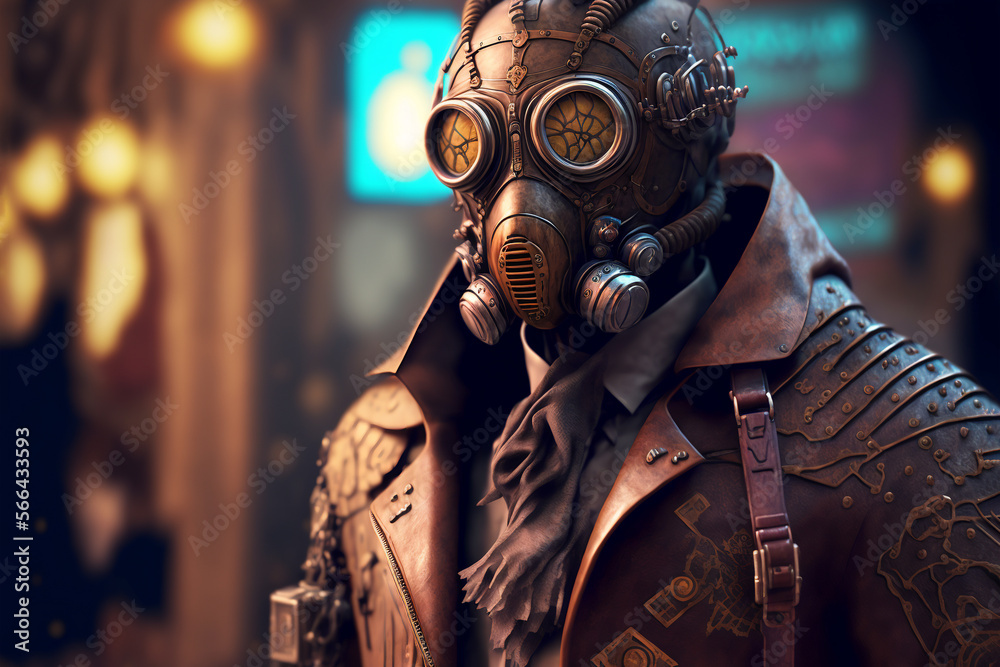 Man wearing a gas mask and leather jacket - Generative AI Man wearing a gas mask and leather jacket - Generative AI