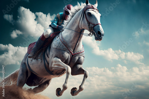 Man riding on the back of a white horse - Generative AI