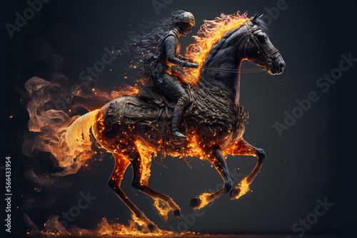 Man riding on the back of a horse covered in fire - Generative AI
