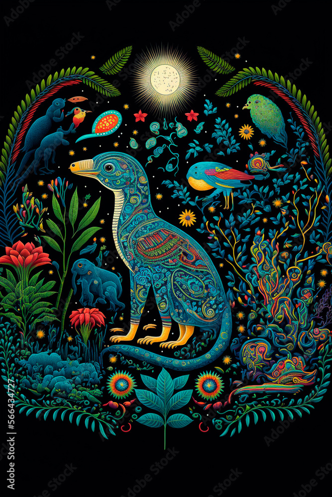 Power animal illustration. Psychedelic vision after taking ayahuasca. Indigenous art. Digital art generative AI