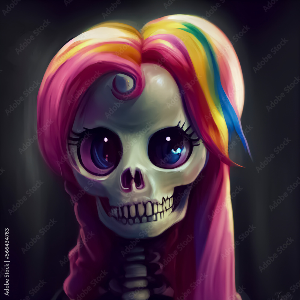 a pony with the body of a skinless skull and colorful ponies. a pony with the body of a skinless skull and colorful ponies.
