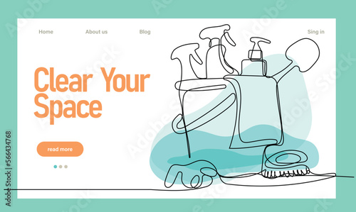 Home cleaning service landing page design concept, illustration of janitors with cleaning tools. Vector illustration