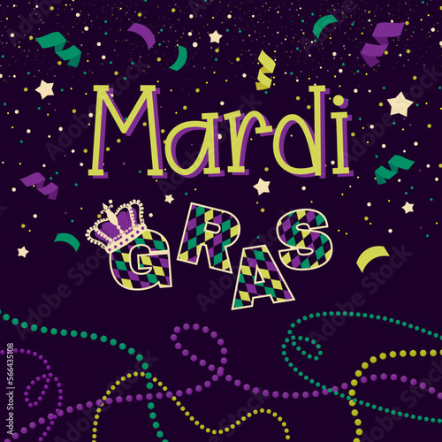 Mardi Gras greeting card. Masquerade mask, beads, confettitraditional elements for party decoration. Holiday banner for celebration carnival, masquerade ball. Vector illustration for invitation, flyer