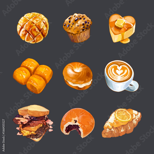 Traditional french morning breakfast. Croissant, cup of coffee, coffee beans, sandwich, hot dog, pancake, pineapple bun, bagel, toasts. Watercolor hand drawn vector illustration