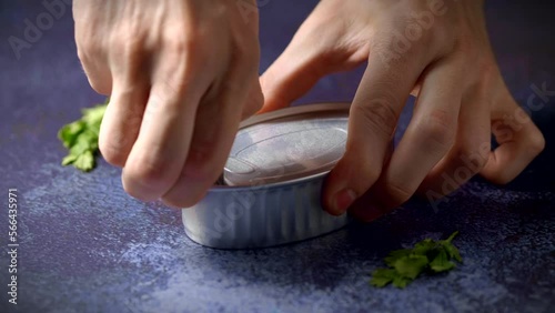 Hands opening a can of baby eels on a dark blue table with parsley. Ready to eat.