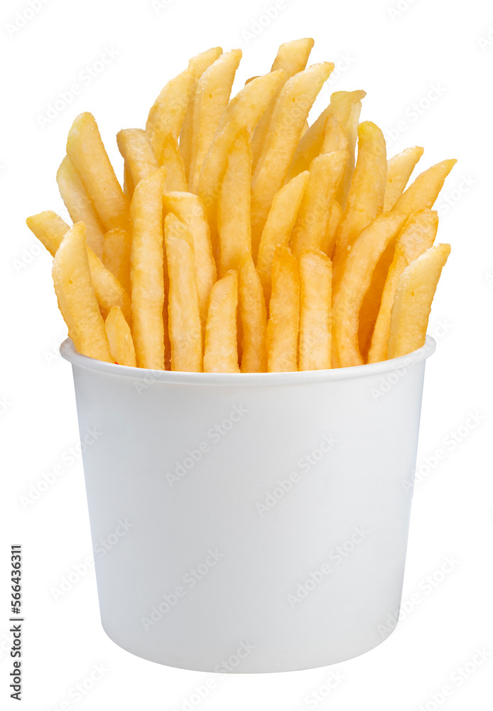 French fries on white background .French fries in paper bucket on white