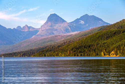 Glacier National Park's Lake McDonald in Montana, USA. Late afternoon in early September. View of Rocky Point, Mount Cannon, and Mount Brown from Fish Creek campground. photo