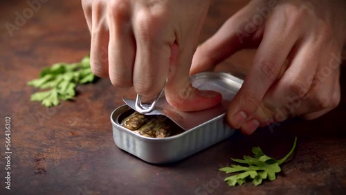 Hands opening a can of sardines on a dark brown table with parsley. Ready to eat.